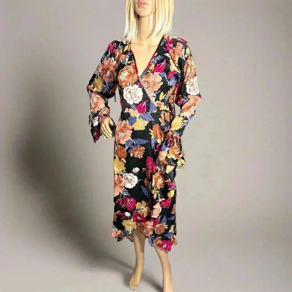 New BAND OF THE FREE Boho Floral Multi Hi-Lo Wrap Maxi Dress Long Sleeve Hippie - Picture 5 of 13